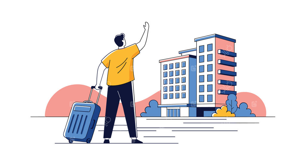 مسافر چمدان به دست در حال تماشای ساختمان هتل در تعطیلات