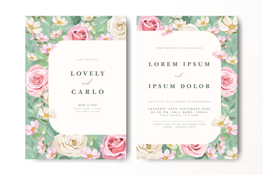 طراحی کارت دعوت عروسی شیک و گل‌دار به صورت وکتور حرفه‌ای