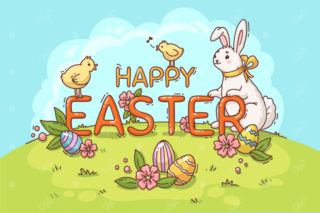 تصویرسازی عید پاک با خرگوش و جوجه‌ها