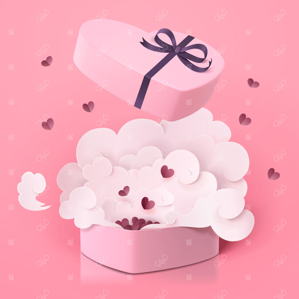 جعبه هدیه قلبی زیبا همراه با دود روی سطح صورتی، در سبک هنری کاغذی و سه‌بعدی