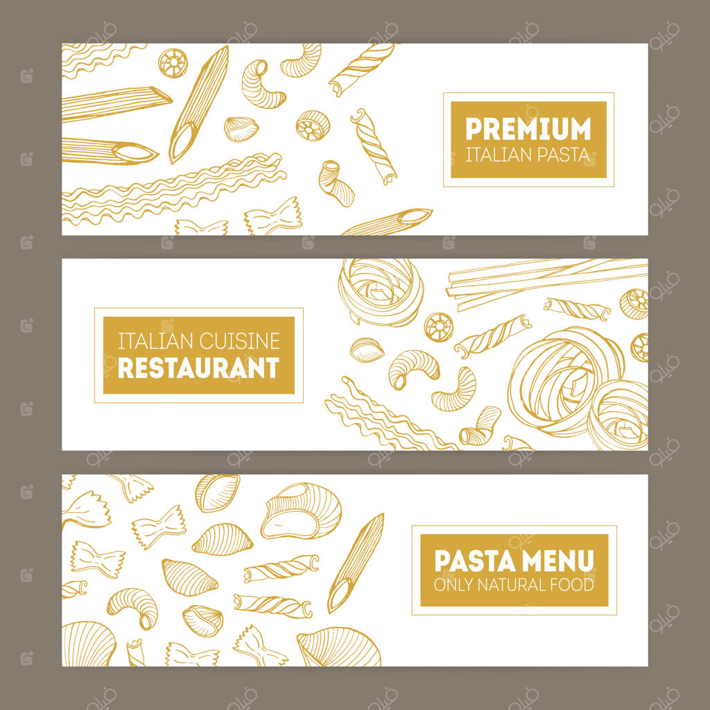 مجموعه بنرهای افقی وب با انواع مختلف پاستا به صورت طراحی دستی و خطی