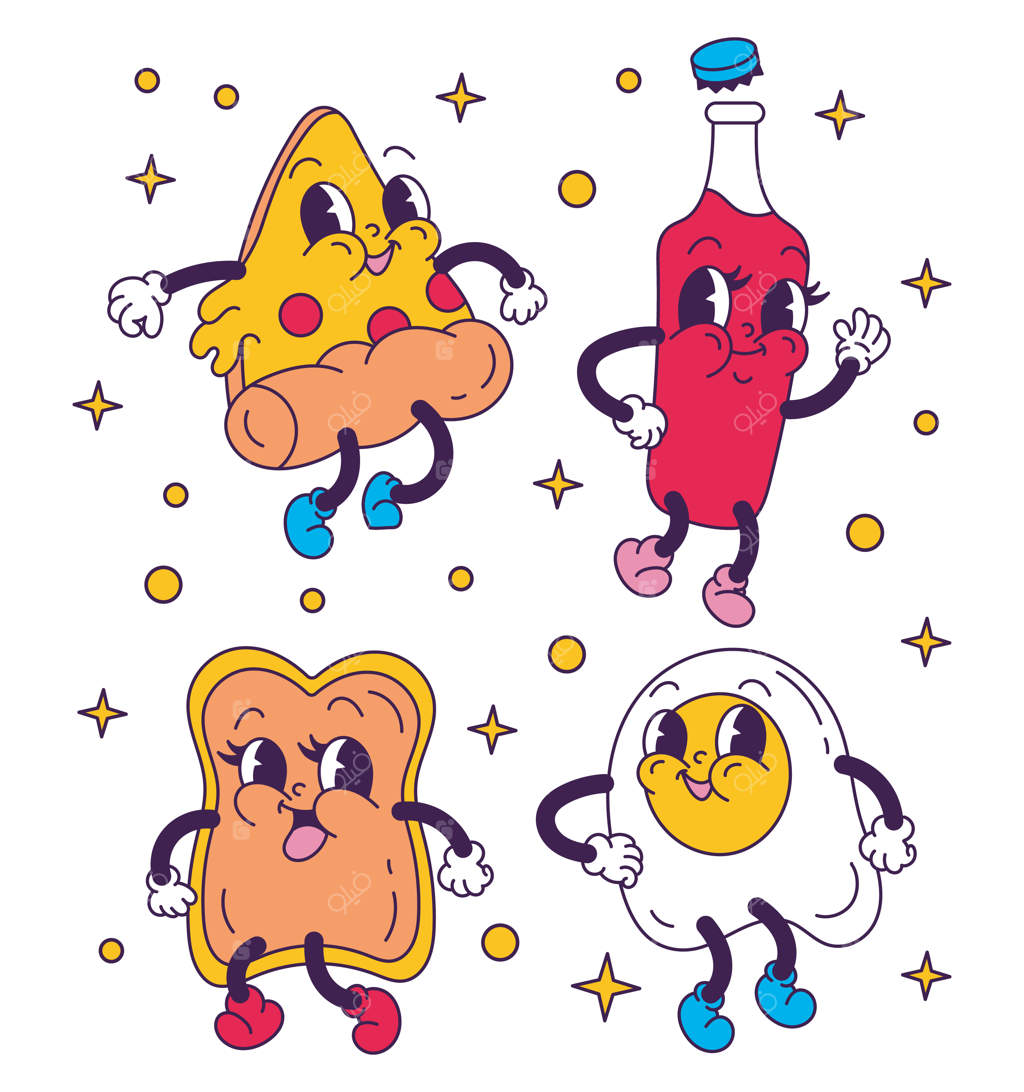 مجموعه‌ای از طرح‌های کارتونی قدیمی غذا روی پس‌زمینه سفید