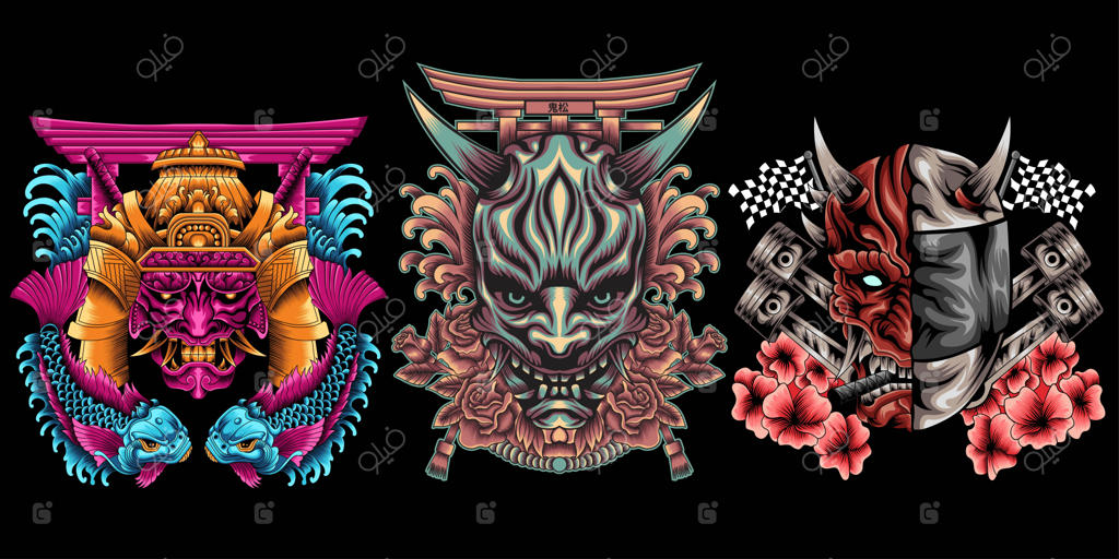 مجموعه‌ای از نقاب اونی و تصویرسازی سامورایی