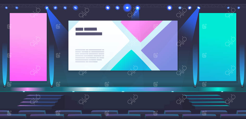 تالار کنفرانس: سالن خالی برای ارائه‌ها و همایش‌ها - صحنه با نورپردازی و صفحات بزرگ نمایش