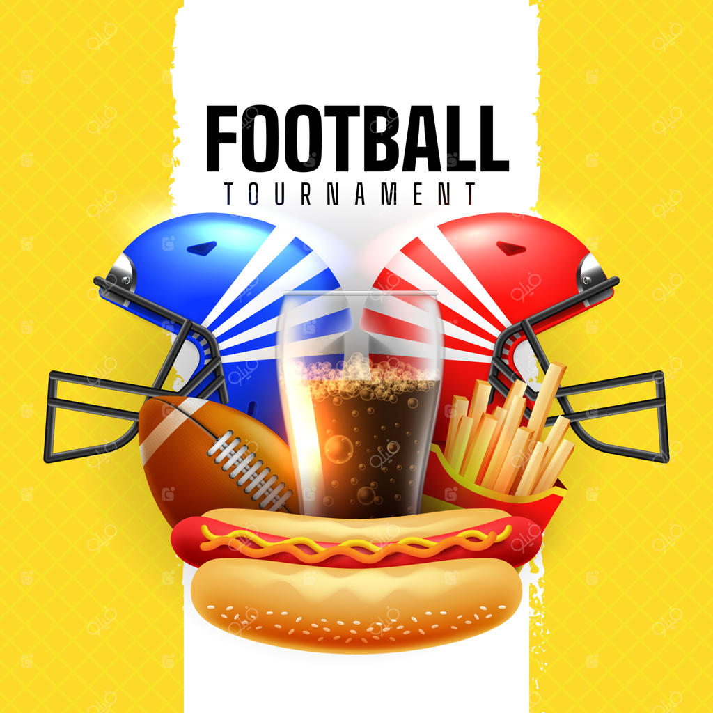 Illustration of a football tournament with helmets and junk food