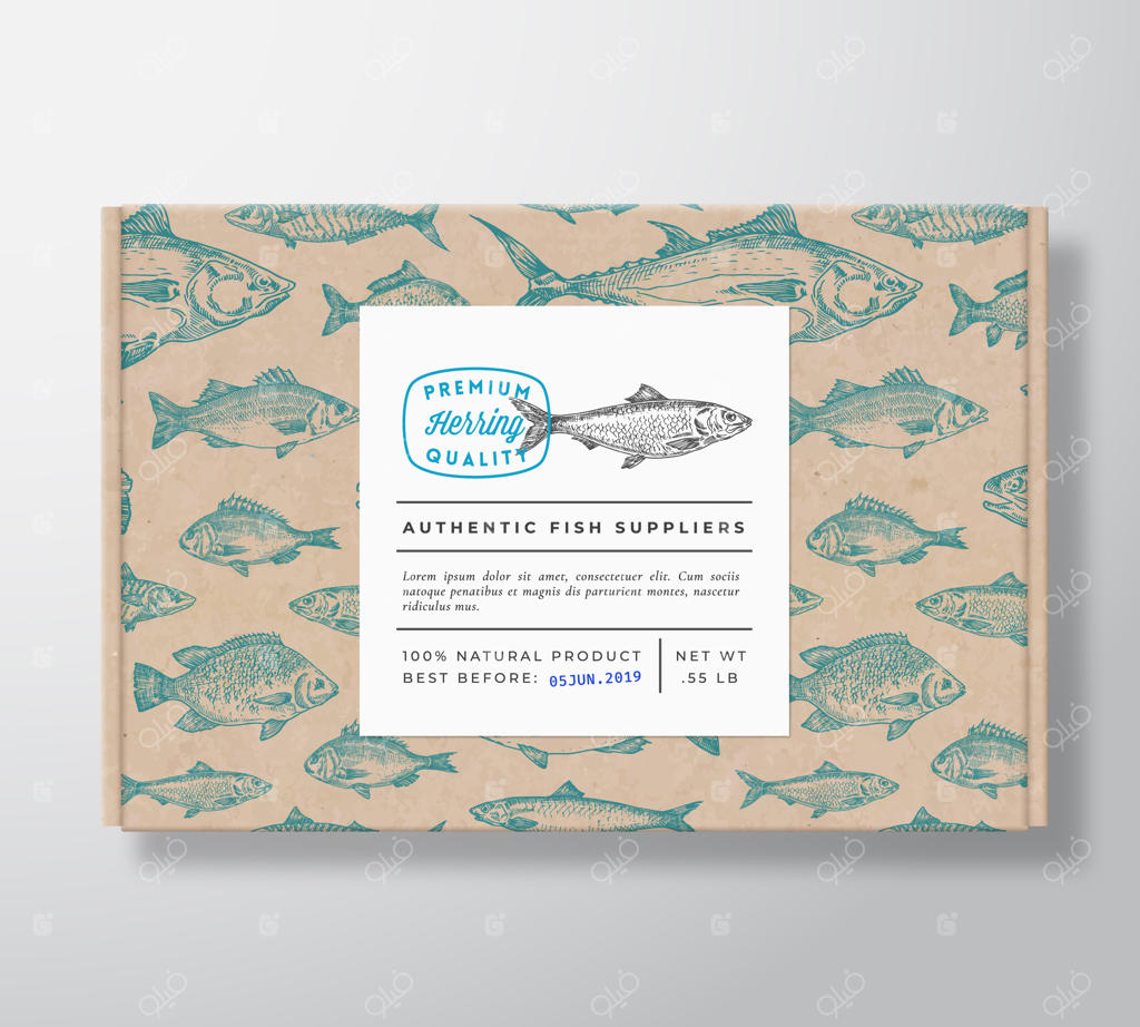 ماکت بسته‌بندی واقع‌گرایانه جعبه مقوایی برای ماهی