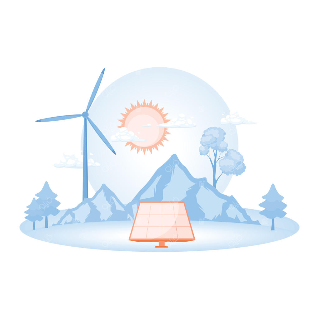 مفهوم اقتصاد چرخشی با توربین‌های بادی و پنل‌های خورشیدی.