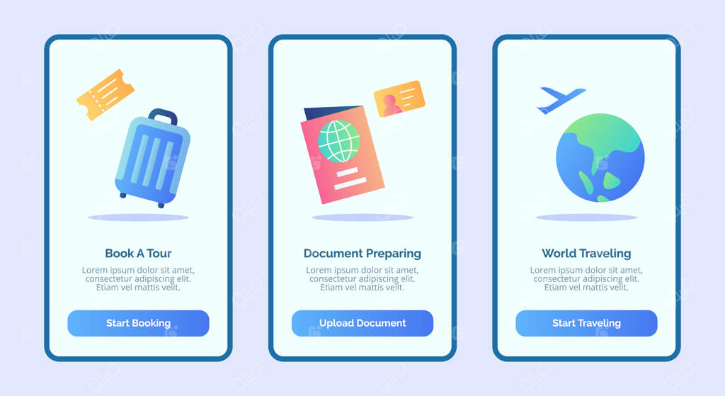 سفر: آماده‌سازی مدارک تور و جهانگردی برای اپلیکیشن‌های موبایل - قالب بنر صفحه با سه واریاسیون در سبک مدرن و تخت