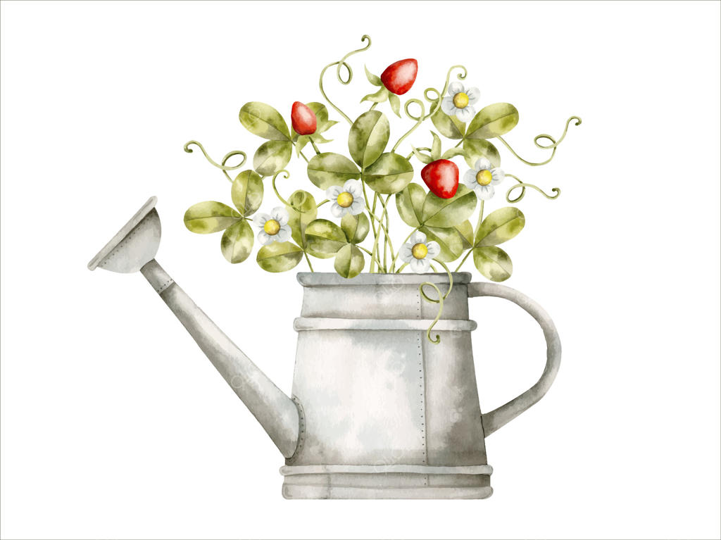 تصویرسازی دستی با آبرنگ و قوطی آبیاری قدیمی همراه با بوته توت‌فرنگی - به سبک کودکانه