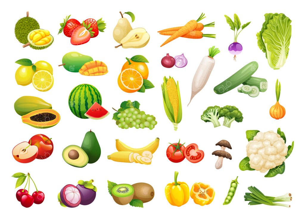 مجموعه‌ای از میوه‌ها و سبزیجات تازه به سبک کارتونی