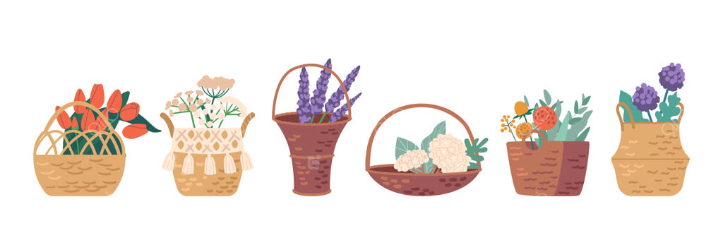 مجموعه‌ای از آیکون‌های گل در سبدهای بافته شده، گل‌های زیبا و شکوفه‌های بهاری و تابستانی