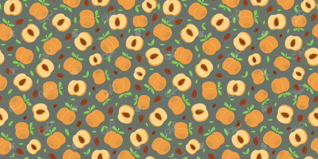 پترن بی‌درز: برش‌های هلوی خامه‌ای و زردآلو، میوه‌های کامل با برگ و هسته. غذای طبیعی و ویتامینی گیاهی. زمینه تکرار‌شونده‌ی رنگارنگ.