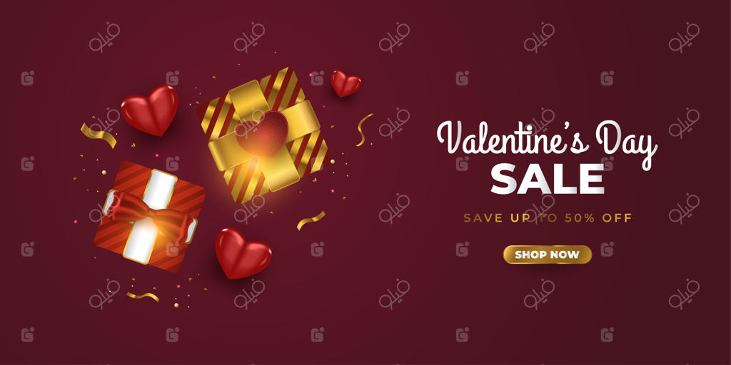 بنر فروش ویژه روز ولنتاین با جعبه‌ هدیه واقعی، قلب‌های قرمز و پولک‌های طلایی براق