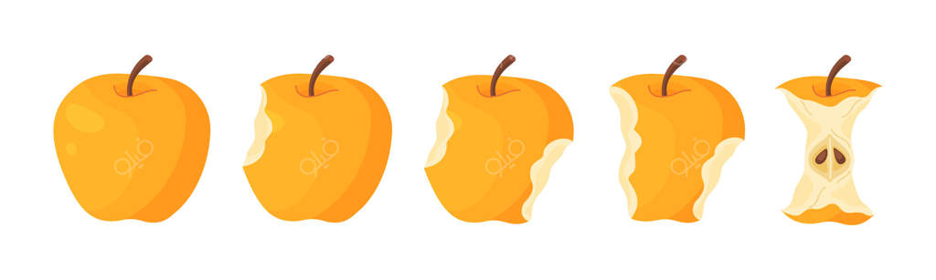 مجموعه آیکن گام‌های خوردن سیب زرد و آبدار. مراحل گاز زدن سیب رسیده از کامل تا نیمه و هسته، پیشرفت گاز زدن. سبک دست‌کشیده و تخت، تصویر سیب باغ تازه گاز زده شده.