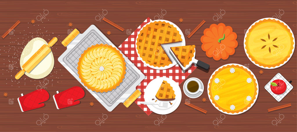 تصویر کارتونی وکتور از پای پخته شده روی میز شام در تعطیلات