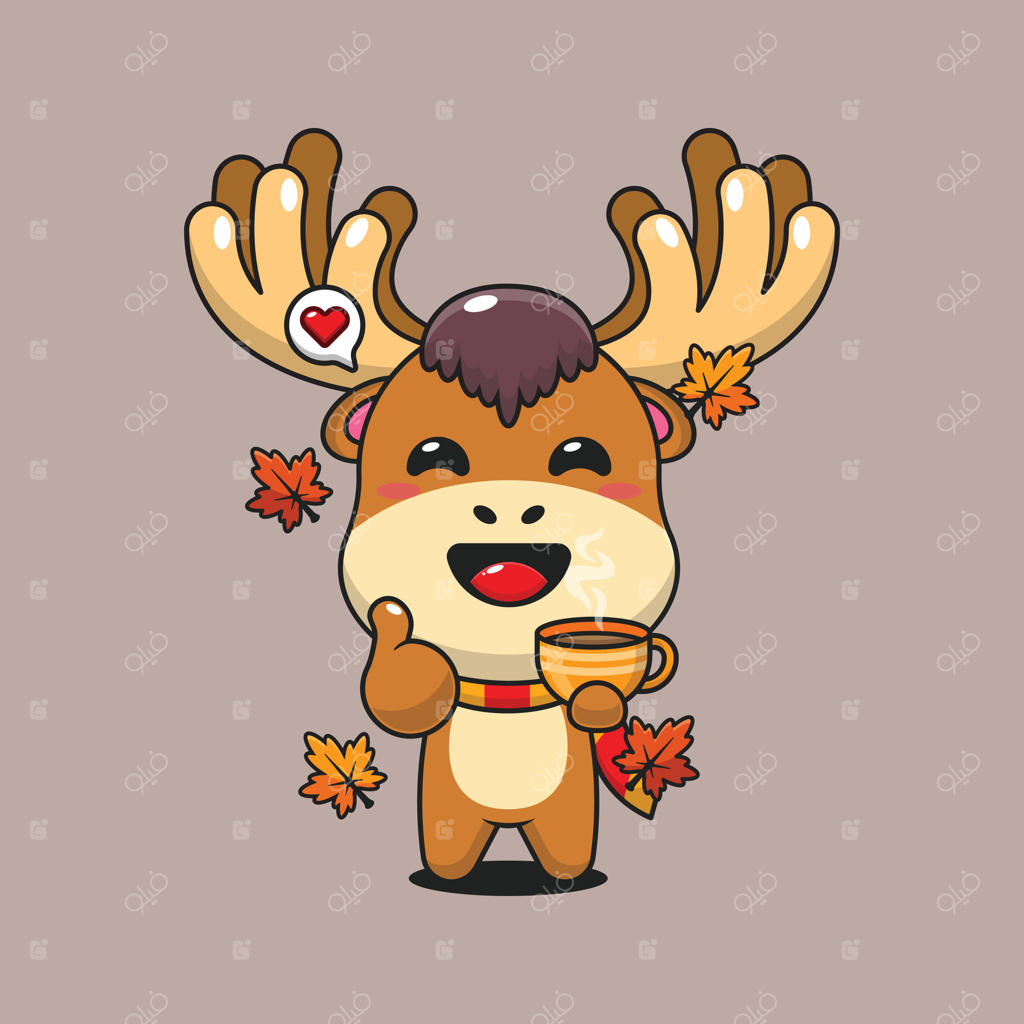 تصویر کارتونی گوزن بامزه با فنجان قهوه در روز پاییزی