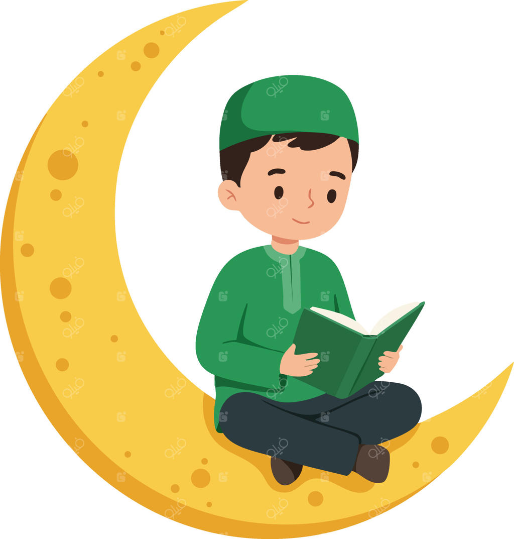 تصویر پسری در حال خواندن کتاب نشسته بر روی ماه نقره‌ای با لباس سبز و شلوار مشکی