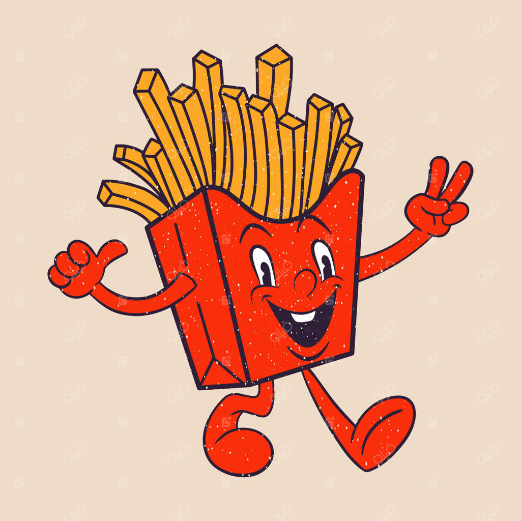شخصیت کارتونی بامزه: تصویر وکتور سیب زمینی سرخ کرده. عنصر کمیک به سبک کارتون قدیمی