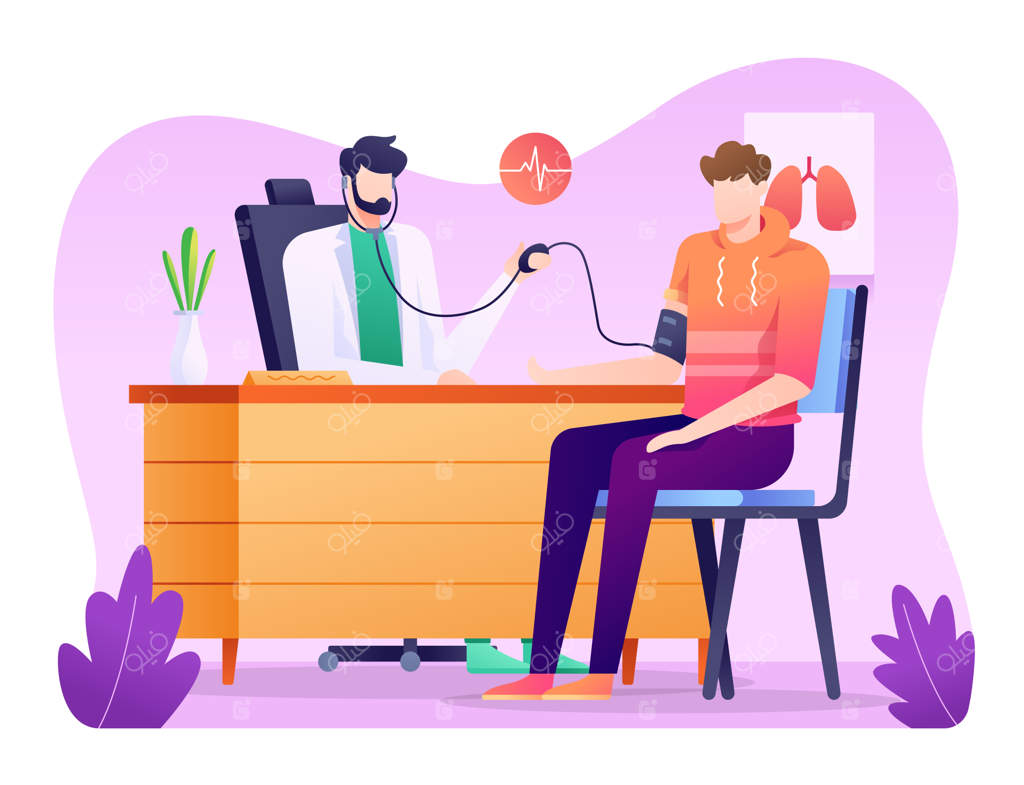 تصویری از معاینه پزشکی، دکتر فشار خون بیمار را اندازه‌گیری می‌کند.