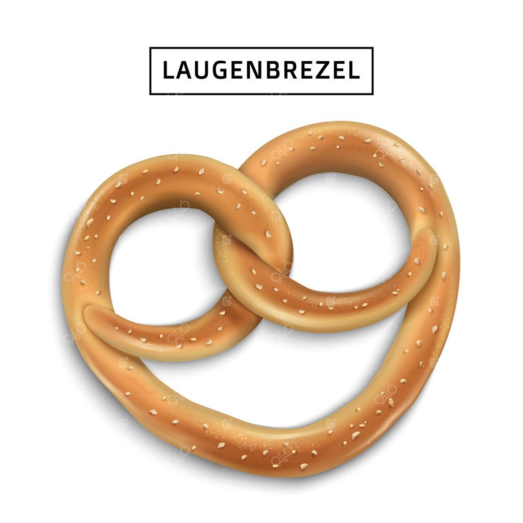 عنصر میانوعده پریتزل، نان یا کلوچه سنتی خوشمزه در تصویرسازی سه‌بعدی، لاوگن‌بزرل به معنی پریتزل سنتی آلمان است، جدا شده بر روی پس‌زمینه سفید