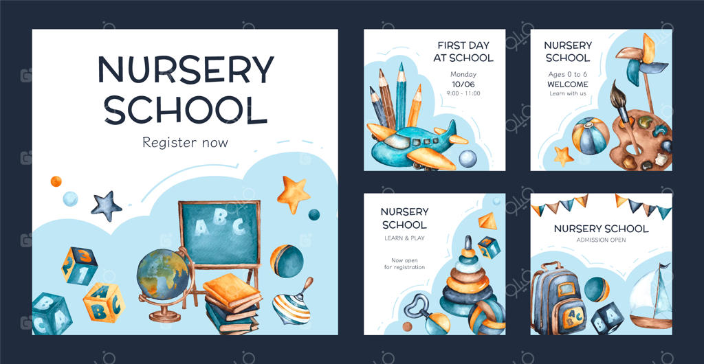 مجموعه پست‌های اینستاگرامی مدرسه پیش‌دبستانی با آبرنگ