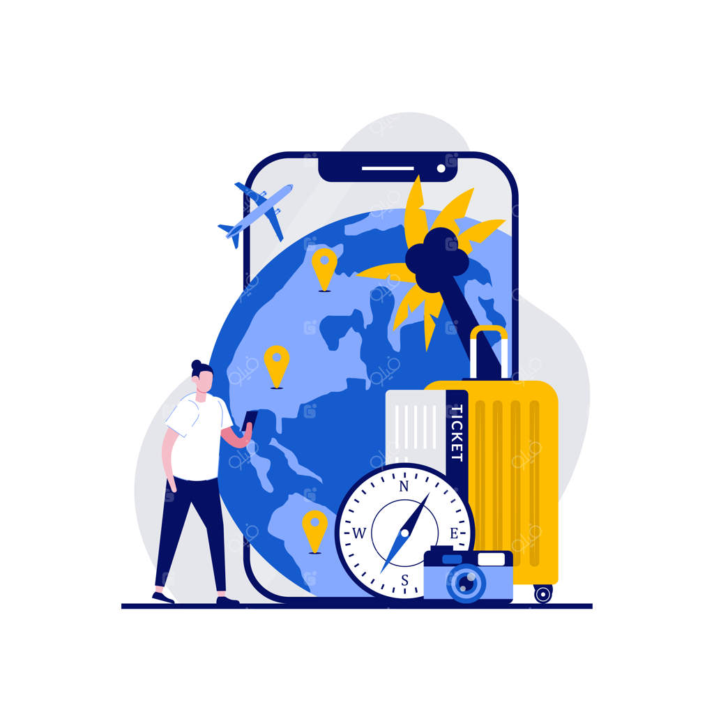 گردشگر ایستاده در کنار گوشی هوشمند با اپلیکیشن مسیریابی - تصویرسازی