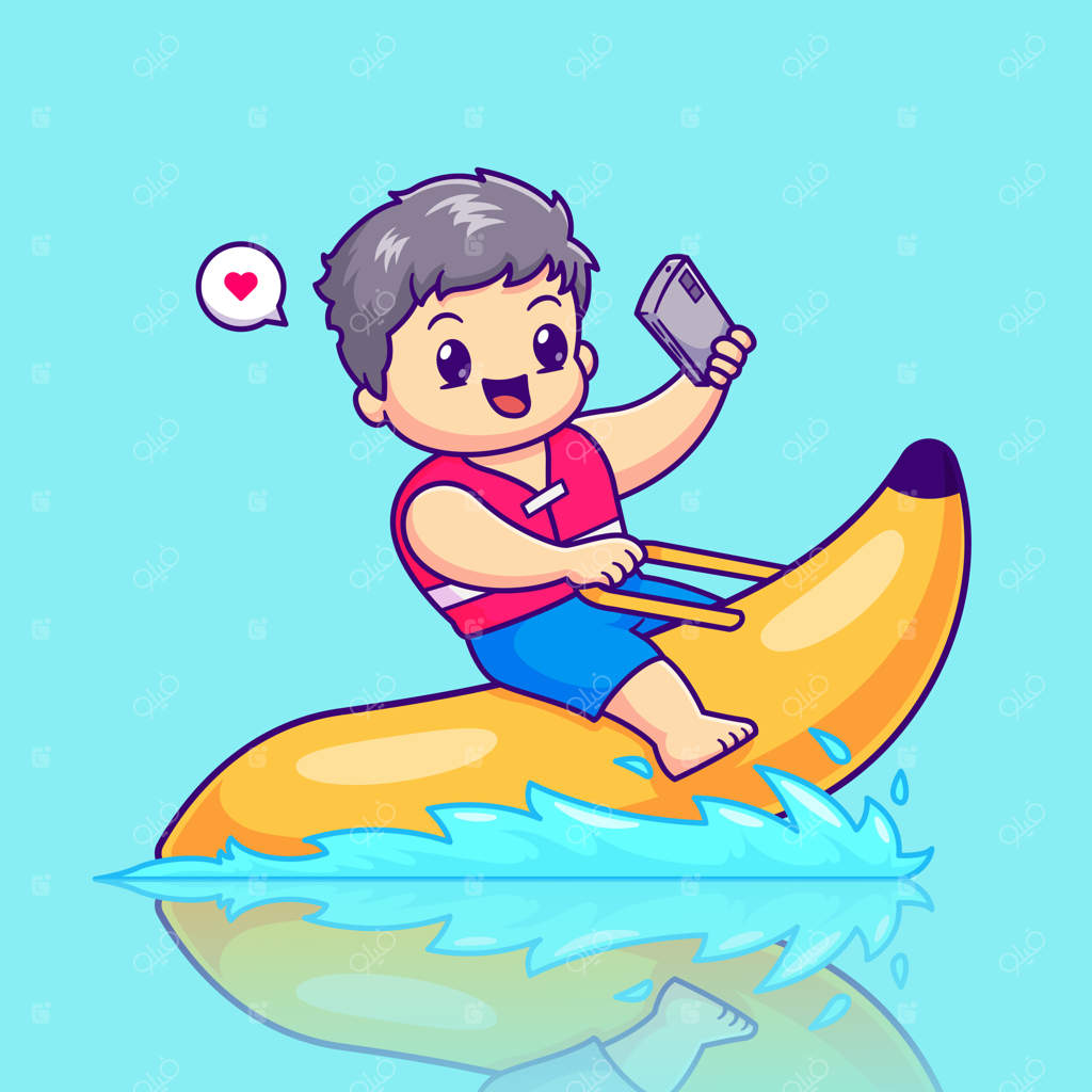 تصویر وکتور کارتون پسر بانمک سلفی روی قایق موزی. نماد تعطیلات مردم به صورت ایزوله شده و تخت.
