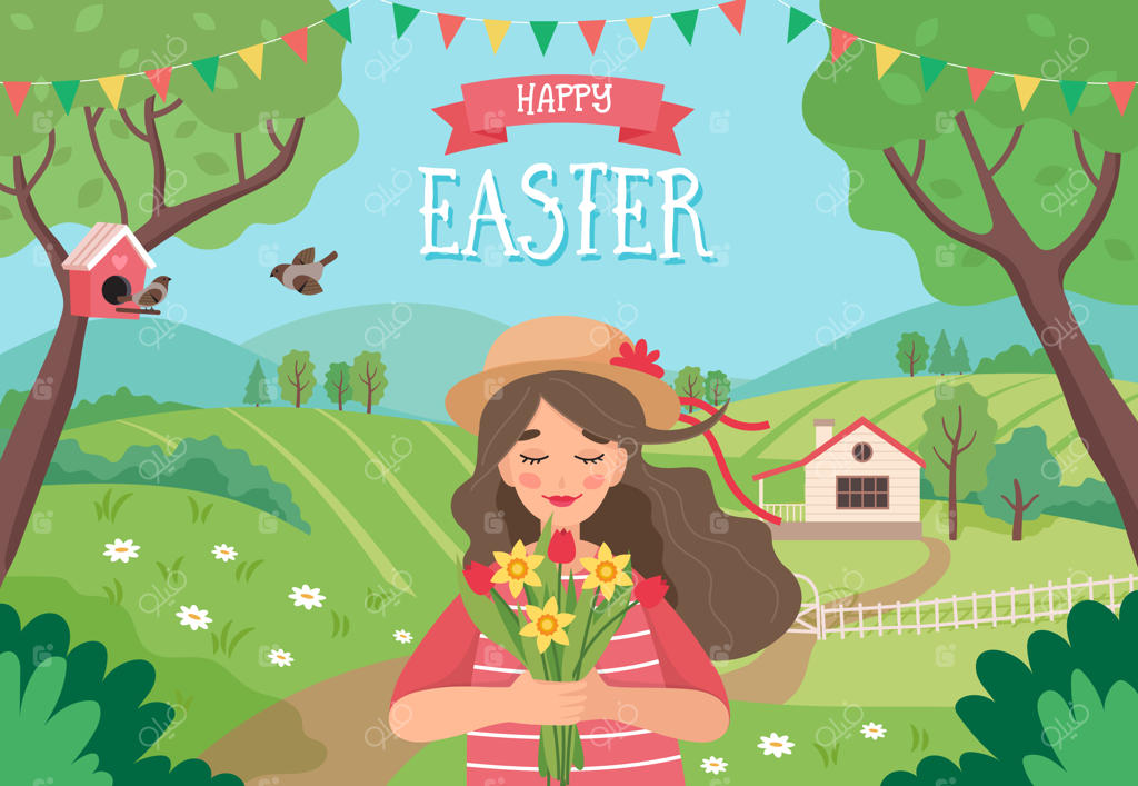 کارت تبریک عید پاک، دختری با گل‌ها در منظره‌ بهاری.