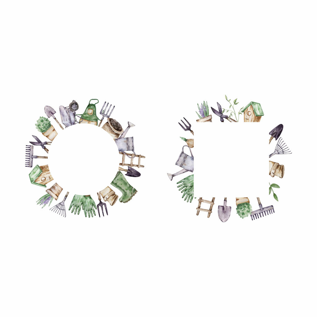 مجموعه قاب‌های باغ آبرنگی با ابزار باغبانی