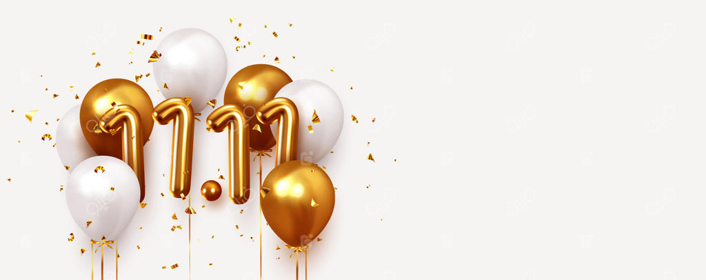 روز جهانی خرید ۱۱.۱۱. حراج بزرگ جهانی. بزرگترین حراج سال. بادکنک‌های طلایی و سفید واقعی. طراحی پس‌زمینه با اعداد فلزی ۱۱.۱۱ و بادکنک هلیومی با روبان و اکلیل درخشان
