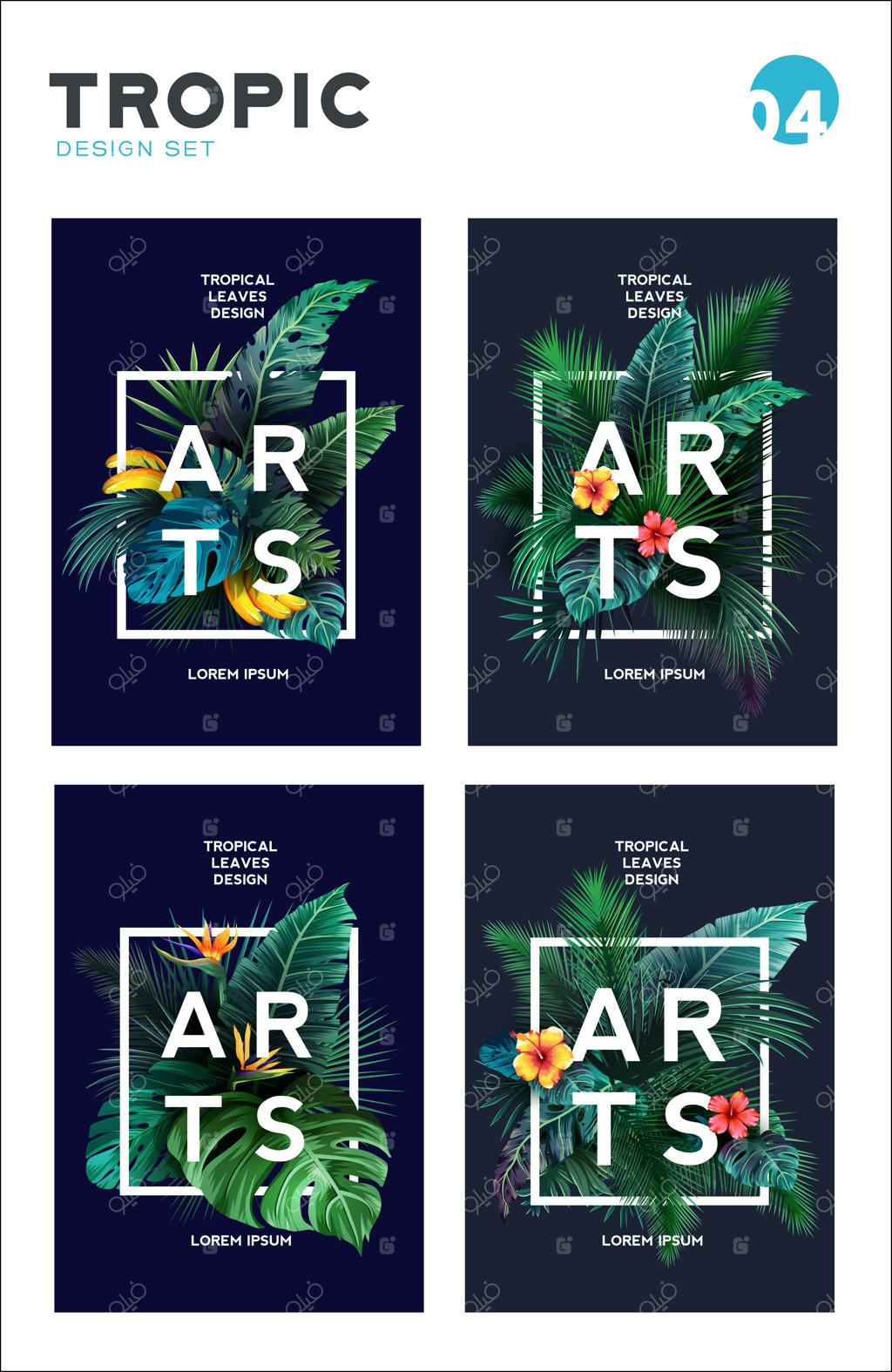 مجموعه پس‌زمینه‌های روشن استوایی با گیاهان جنگلی. طرح‌های زیبا با برگ‌های گرمسیری. تصویر برداری وکتور