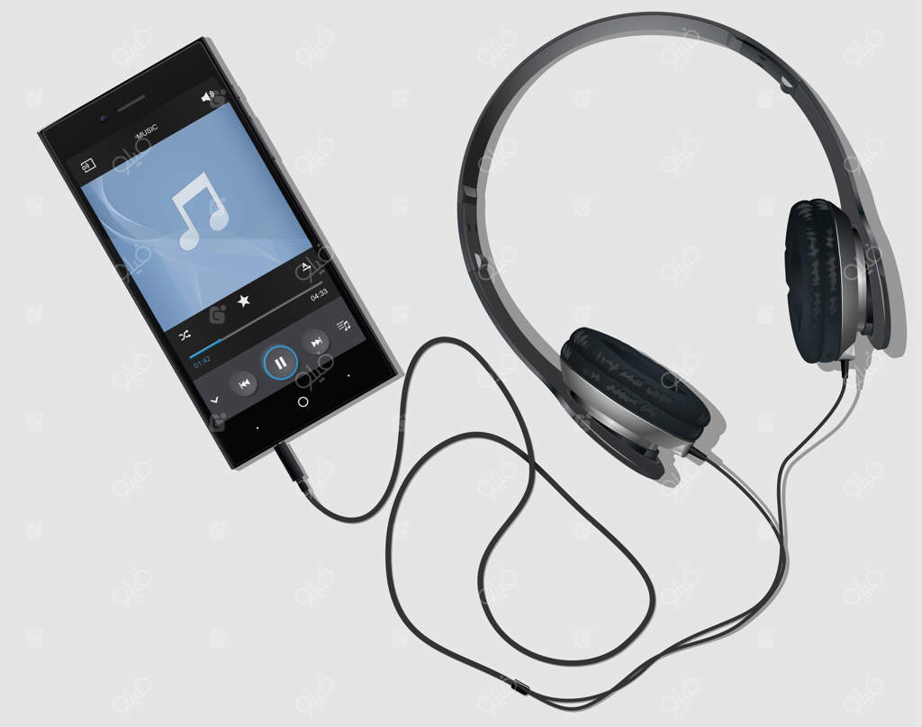 هدفون‌ها به گوشی وصل شدند. گوشی هوشمند با پخش‌کننده.
