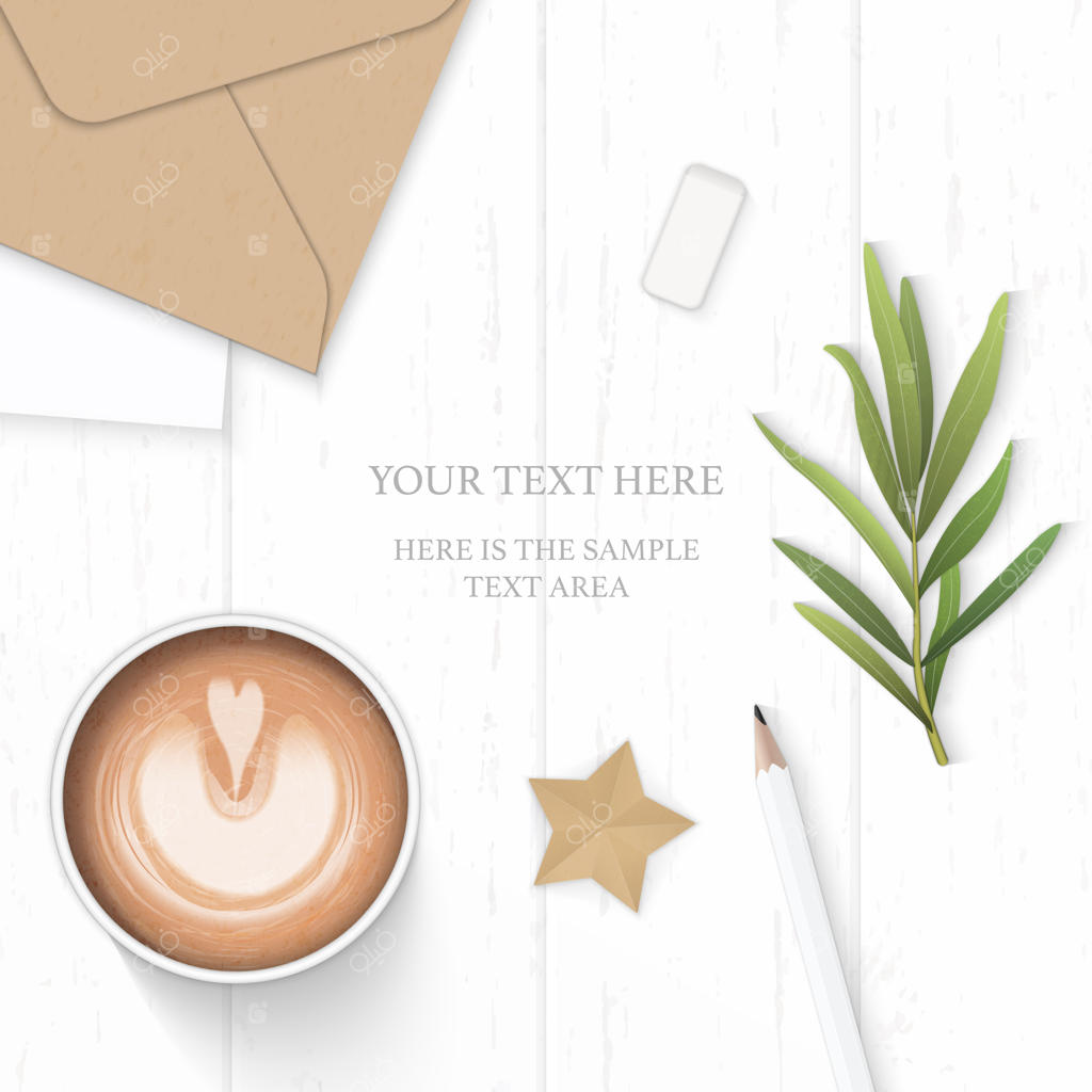 کاغذ سفید با قهوه و برگ ترخون روی زمینه چوبی