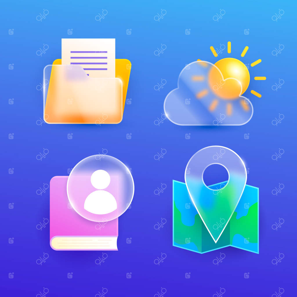 مجموعه آیکون با افکت واقع‌گرایانه شیشه‌ای