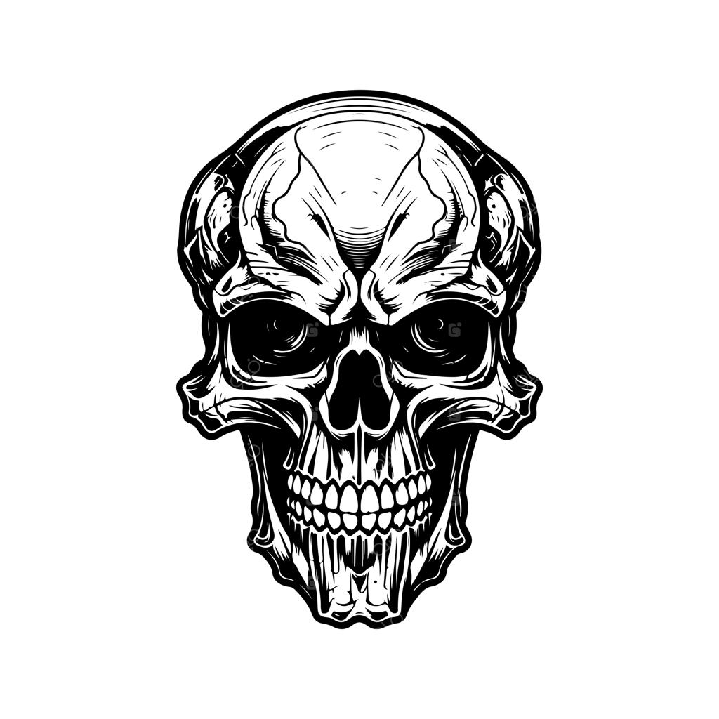 تصویرسازی دستی و خطی جمجمه تسخیرشده با استایل وینتیج؛ کانسپت لوگوی سیاه و سفید