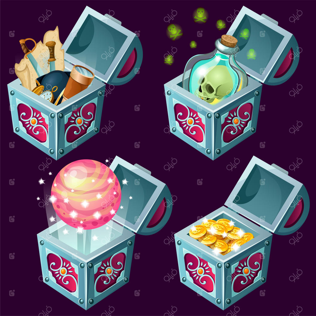 صندوق‌های ایزومتریک کارتونی با گنجینه‌ها.