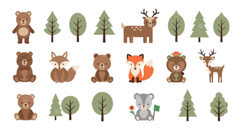 مجموعه بزرگ حیوانات جنگلی بامزه و درختان متنوع شامل خرس، روباه، گوزن و گورکن با سبک جنگلی فانتزی