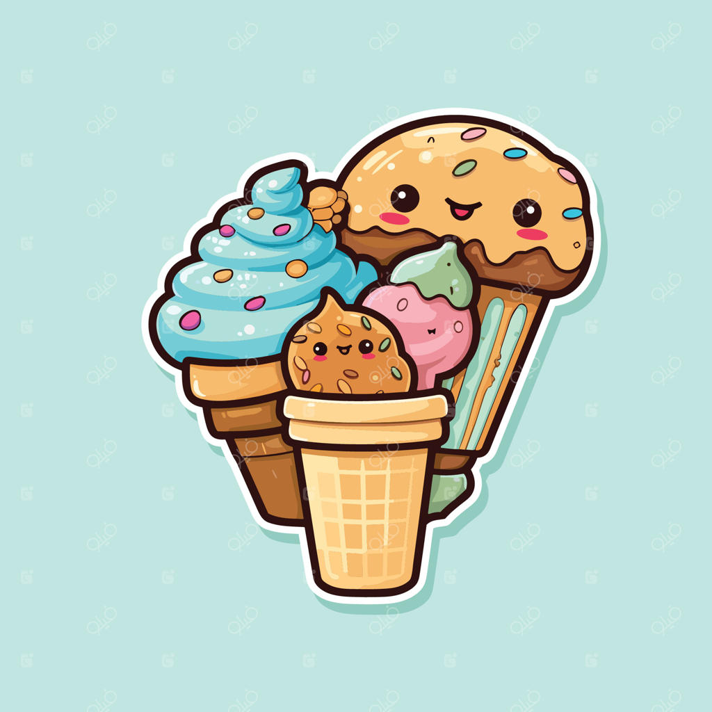 برچسب بستنی با طعم کوکی و براونی به سبک کاوایی و رنگ‌های جذاب و فانتزی