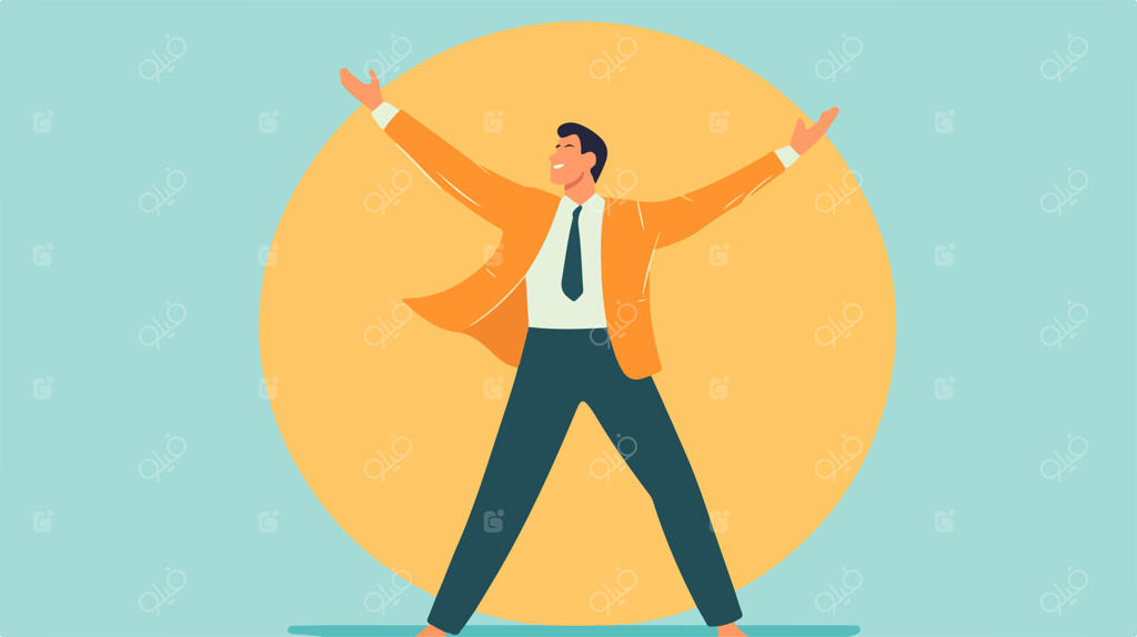 تاجر شاد در حال بیدار شدن و کش و قوس آمدن با کت و شلوار