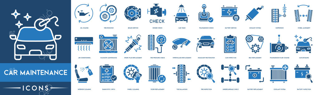 نگهداری خودرو: تعویض روغن، جابجایی لاستیک، خدمات ترمز، بررسی موتور، شستشوی خودرو، بررسی گیربکس، خدمات باتری - مجموعه آیکون‌های خطی وب. مجموعه آیکون‌های خطی.