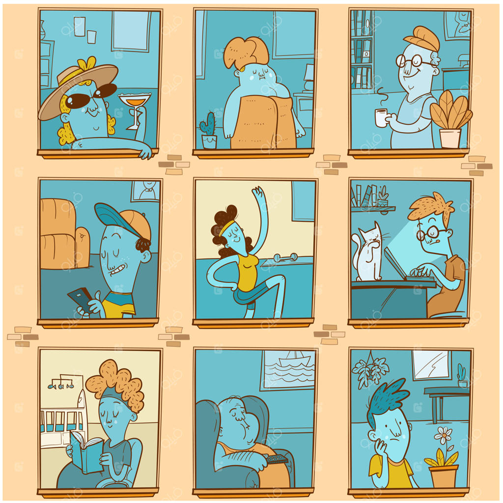 پنجره‌هایی با آدم‌های متفاوت. افرادی که برای محافظت از ویروس کرونا در خانه می‌مانند.