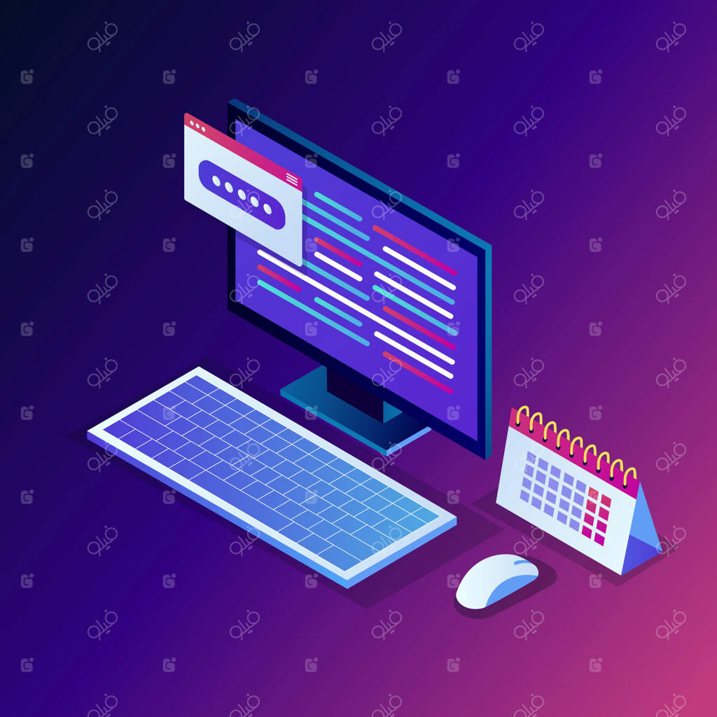 فرآیند کاری: محیط کاری ایزومتریک با کامپیوتر، تقویم و داده‌ها.