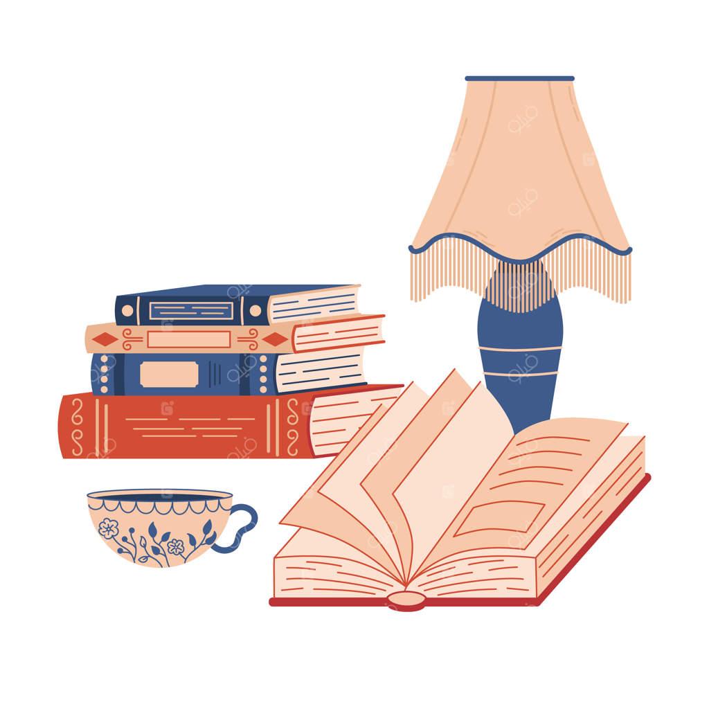 تصویر میز کار: چراغ مطالعه، فنجان چای و توده‌ای از کتاب‌ها، نمادی از یادگیری و آموزش