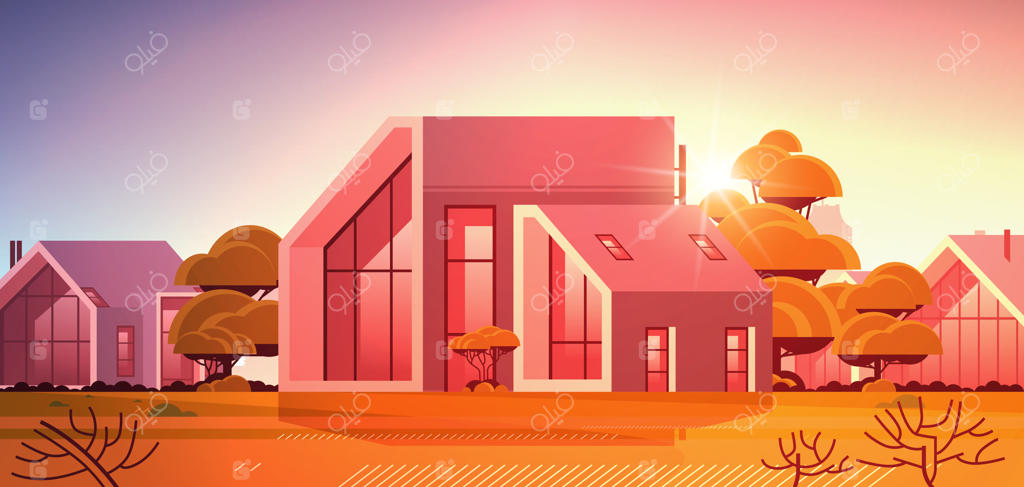 خانه مدرن از پانل‌های ساندویچی با پنجره‌های بزرگ پانوراما؛ مفهومی نوین از خانه‌سازی سازگار با محیط‌زیست و مدولار در پس‌زمینه غروب آفتاب