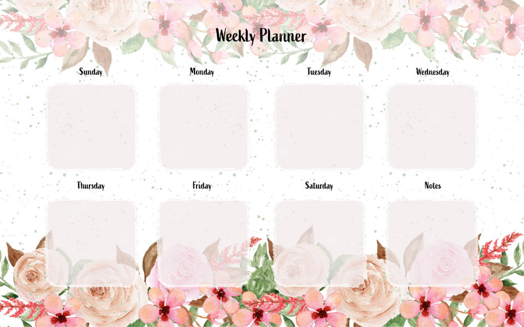 برنامه‌ریزی هفتگی با طرح گل‌های صورتی آبرنگی