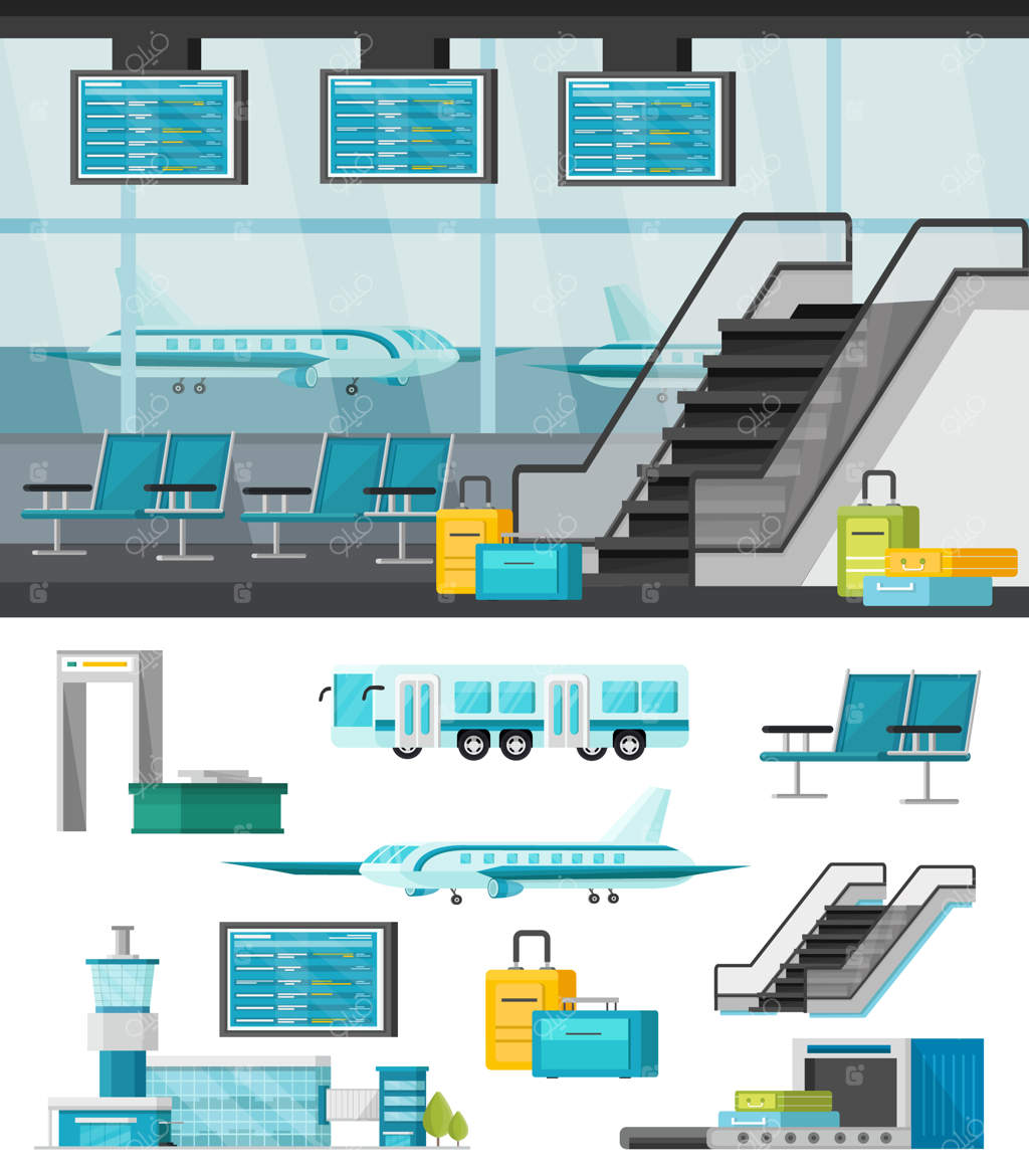 تصویرسازی فرودگاه و مجموعه‌ای از قسمت‌های مختلف آن