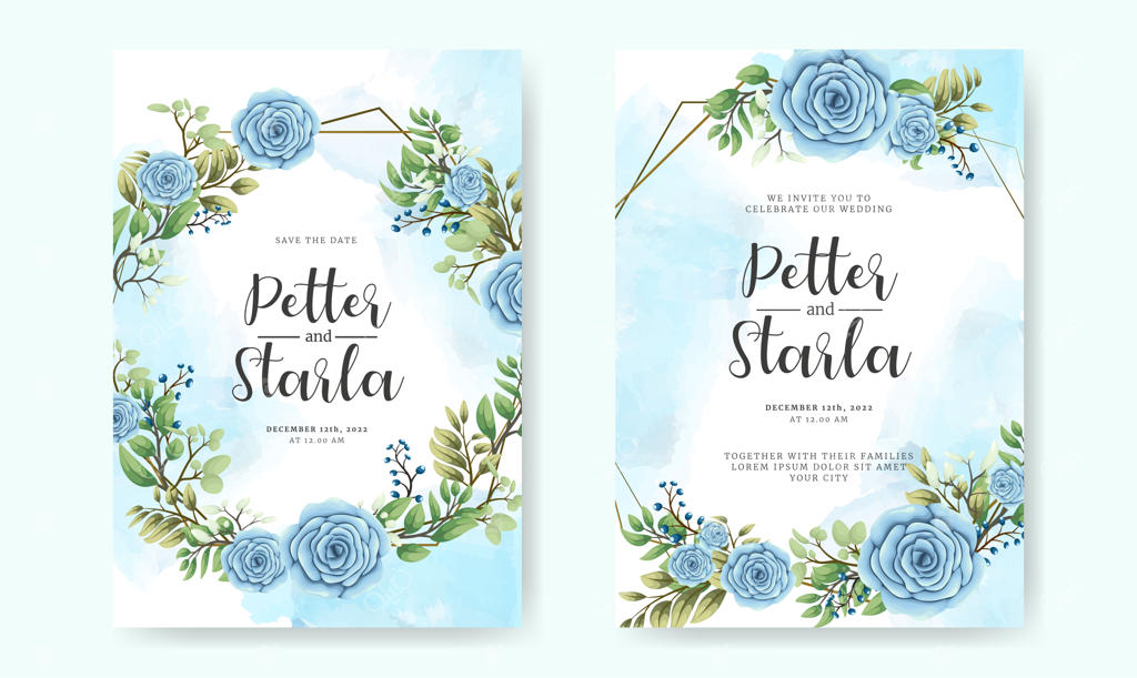 مجموعه کارت دعوت عروسی زیبا با گل‌های رز آبی