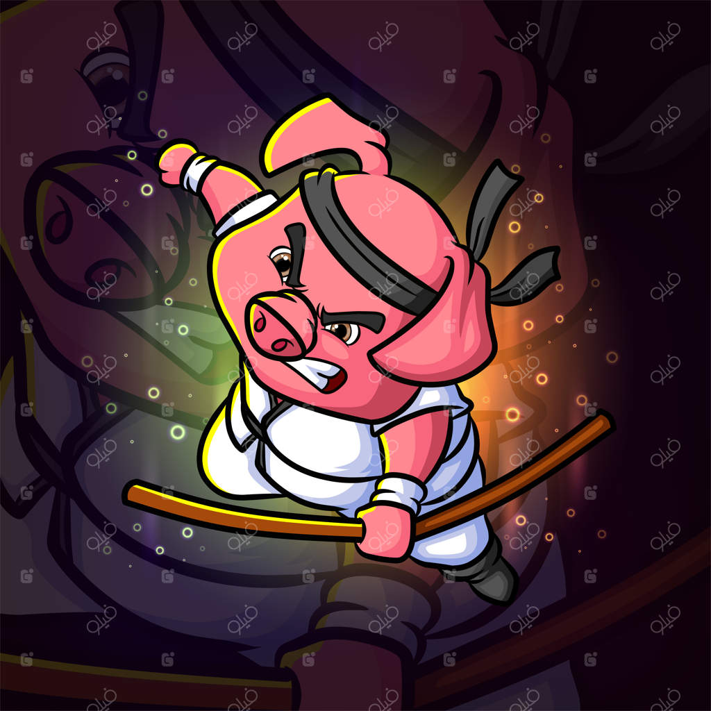 طراحی لوگوی مسکات ورزش‌های الکترونیک: خوک قوی با چوب در دست