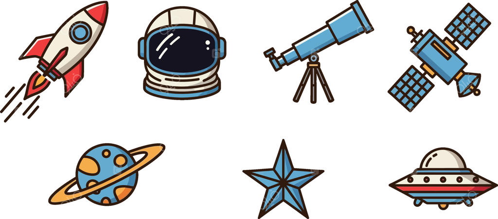 مجموعه‌ای از آیکون‌های فضایی رنگارنگ: موشک، فضانورد، تلسکوپ، سیاره، بشقاب‌پرنده، ستاره