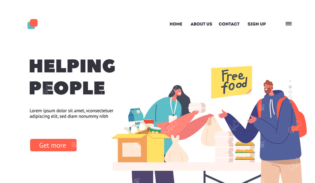 قالب صفحه فرود کمک داوطلبان به افراد - زن جوان به مرد بی‌خانمان غذا می‌دهد